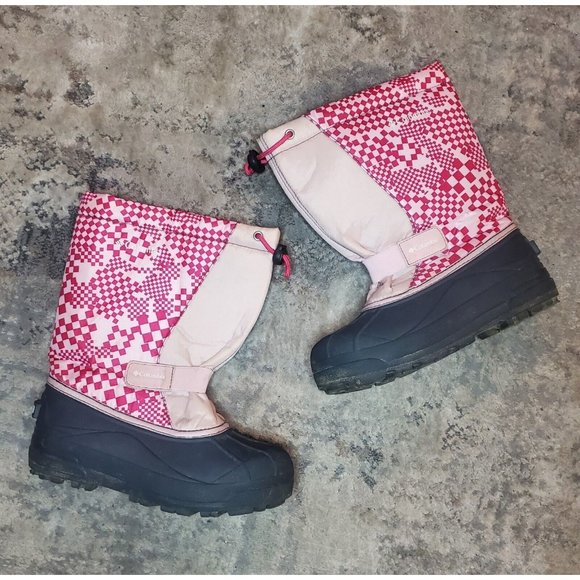 Columbia Powderbug Girl's 4 Pink Geometric Print Snow Boots Insulated - Picture 1 of 9